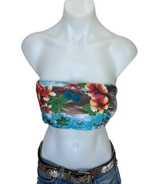 Hawaiian Cropped Bandeau XXS -SMALL Tropical One a Kind Upcycled PomPom